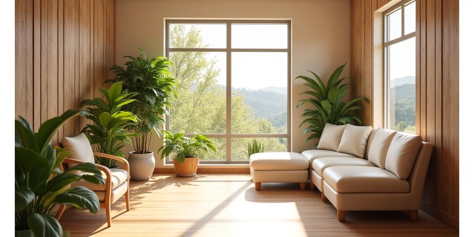 Inviting interior of a modern Boulder wellness office, featuring natural wood, green plants, and comfortable seating, with sunlight streaming in.