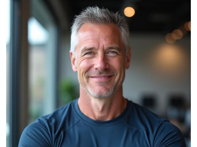 Portrait of Kai Andersson, a fit man in his late 40s with a thoughtful expression, wearing activewear.