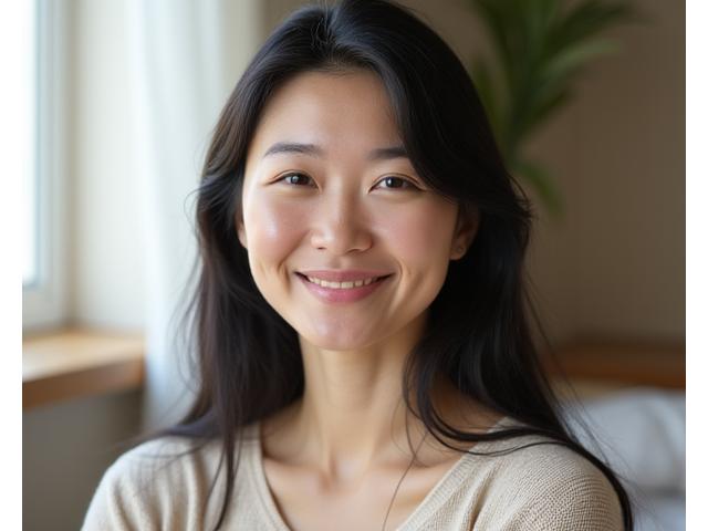 Portrait of Sophia Chen, a serene woman in her early 40s with a calming presence, smiling gently.