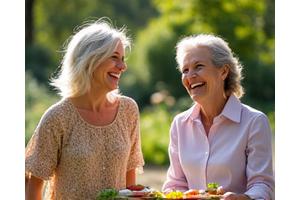Happy mature couples enjoying a healthy picnic