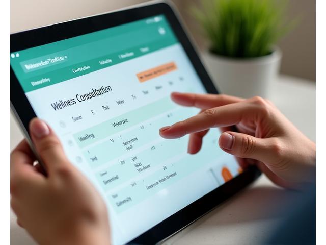 A calm hand interacting with a digital calendar on a tablet, showcasing an open booking interface for wellness consultations.