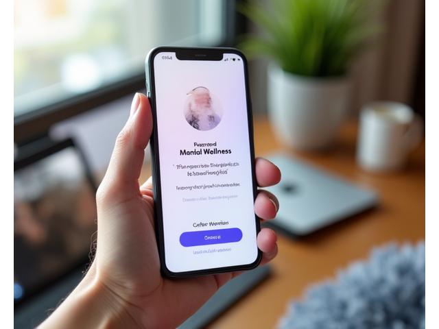 Hand holding a smartphone displaying a mental wellness app, with calm background and subtle technology elements.