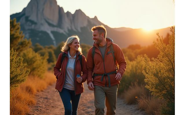 A couple (age 40s) hiking on a sun-drenched trail with the Flatirons in the background, showcasing Boulder's natural beauty and outdoor fitness.