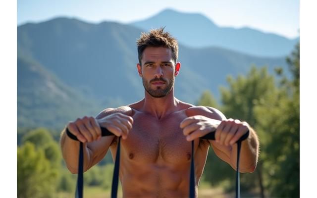 An adult man (40s) performing a resistance band row exercise in a park with Boulder mountains in the background, demonstrating functional strength.