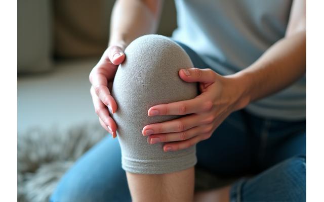 A person applying an ice pack to their knee while sitting comfortably, suggesting recovery and self-care.