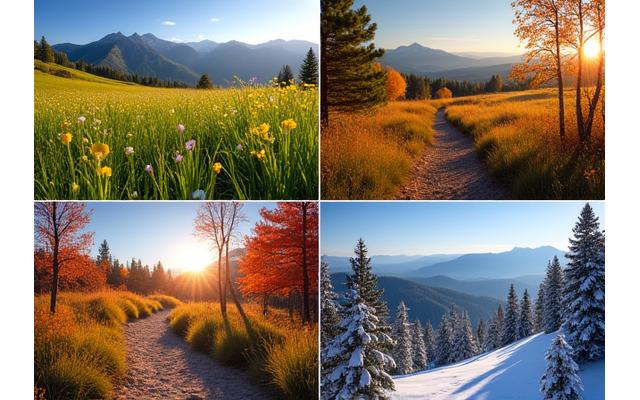 Four distinct images representing seasons in Boulder: blooming spring flowers, sunlit summer mountain trail, autumn leaves, and a snowy winter landscape.