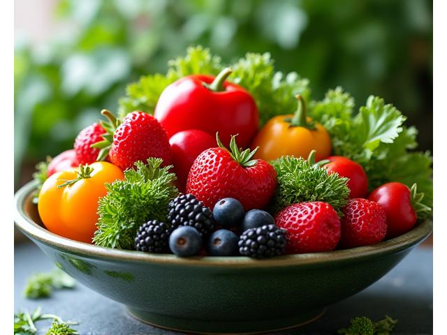 Fresh, vibrant fruits and vegetables arranged artfully for nutritional guidance.