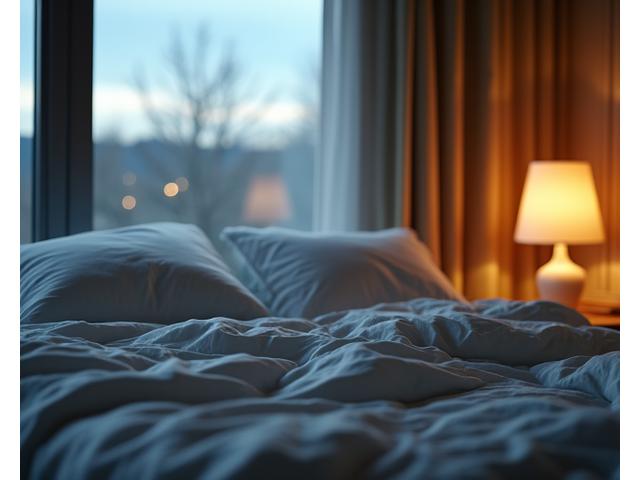 Cozy bedroom scene with soft lighting, symbolizing restful sleep.