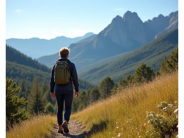 Person hiking on a trail in Boulder with mountains in background, representing holistic wellness.
