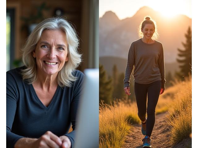 Woman (50s) smiling and hiking on a scenic Boulder trail, before and after a lifestyle transformation, exuding vitality and happiness.