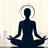 Icon representing a person meditating calmly amidst a subtle city skyline
