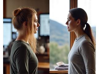 Before and after photos of Maria, showing her improved focus and calm in her home office in Boulder.