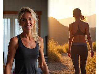 Before and after photos of Susan, showing her gaining energy for hiking in Boulder.