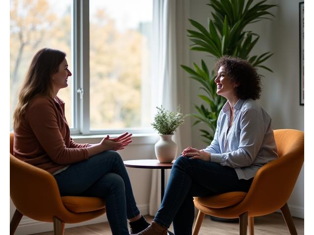 Professional therapist and client in a bright, welcoming Boulder office, emphasizing trust and connection.