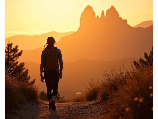 Silhouetted figure practicing mindful walking on a mountain trail at sunset with Boulder Flatirons