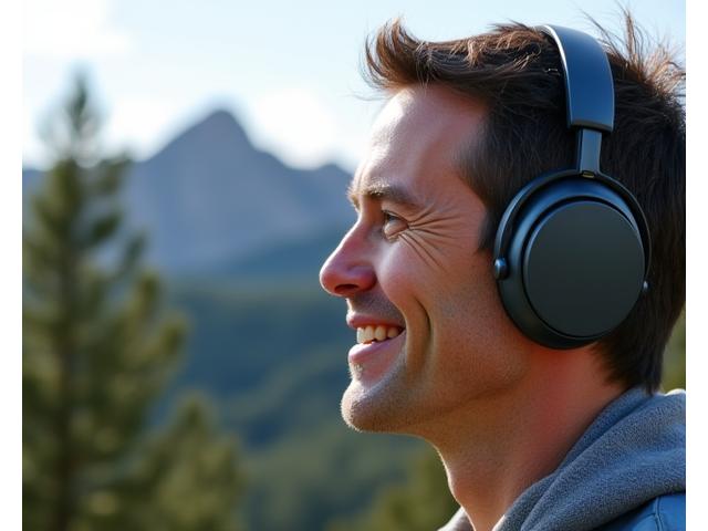 Person meditating with headphones, nature sounds implied, a view of Boulder's mountains in the background