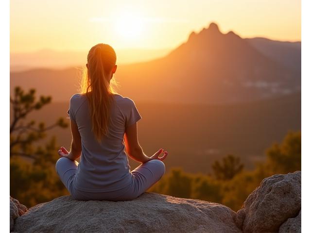 Boulder adult 35+ practicing serene outdoor mindfulness, sitting calmly with Flatirons in background