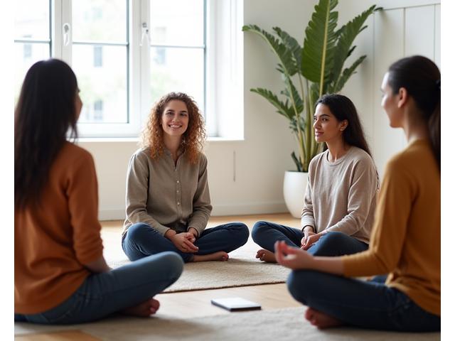 Group of diverse adults participating in a mindfulness workshop, focusing on an instructor