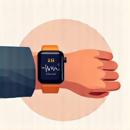 Wrist wearing a smartwatch showing heart rate and a calm emoji, symbolizing stress monitoring