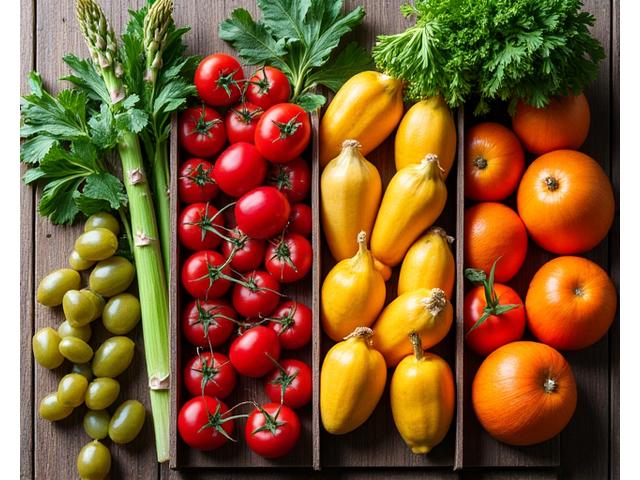 Collage of fresh, seasonal produce from a Boulder farmers market, arranged aesthetically to represent spring, summer, fall, and winter harvests.