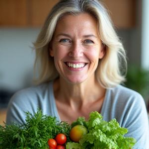 Woman, Elizabeth, 40, smiling while holding fresh garden vegetables