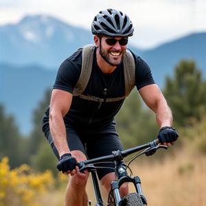 Fit man, Mark, 48, mountain biking with Boulder flatirons in background