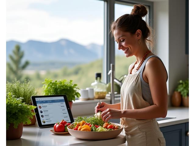 Illustration of a person happily preparing a healthy meal in a modern kitchen, with a tablet showing a meal plan. Sunlight streams through a window, revealing faint mountain outlines in the distance.