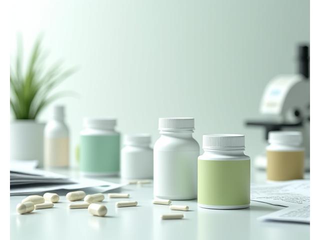 Assortment of high-quality supplement bottles and capsules on a clean, light surface, with scientific papers and a magnifying glass in the background, subtly hinting at rigorous research.