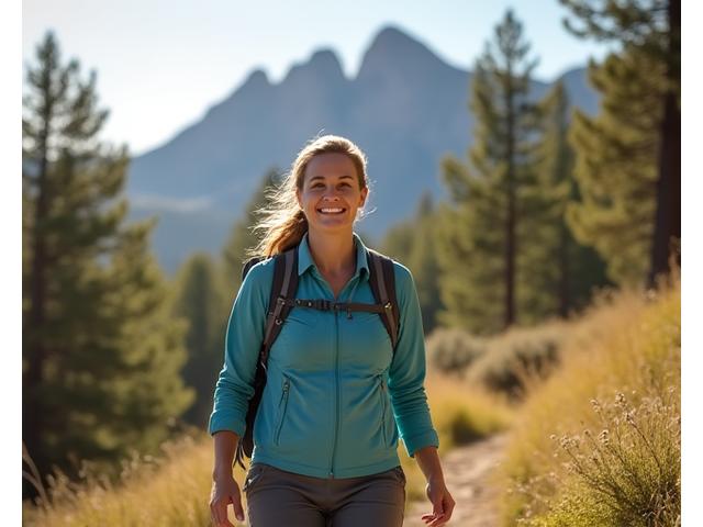 Woman happily hiking a trail with a scenic Boulder backdrop.