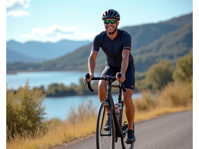 Person cycling near a lake with mountains in the background, resembling Boulder Reservoir.