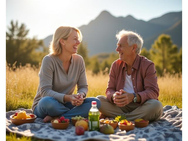 Happy couple in their 40s enjoying a healthy meal outdoors in Boulder.