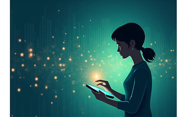 Illustration of a person interacting with a secure digital interface, surrounded by small, abstract data points converging, colored with brand's palette.