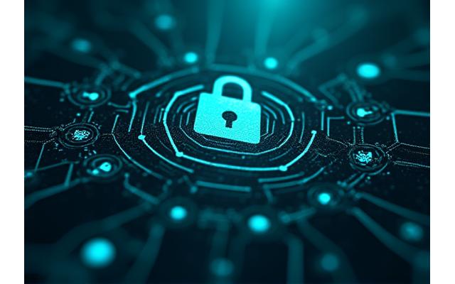 Illustration of layered security elements, including a padlock, network lines, and abstract shield shapes, in a calming green and teal palette.