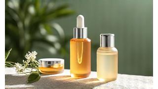 Image of natural skincare products including a serum bottle and moisturizer jar with botanical elements.