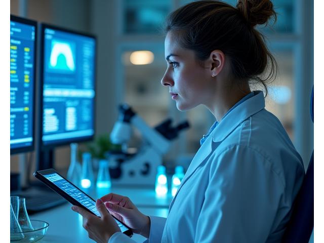A Solnova Bloom Therapeutics expert examining lab test results for a product, with a microscope and herbal supplements in the background, symbolizing scientific validation.