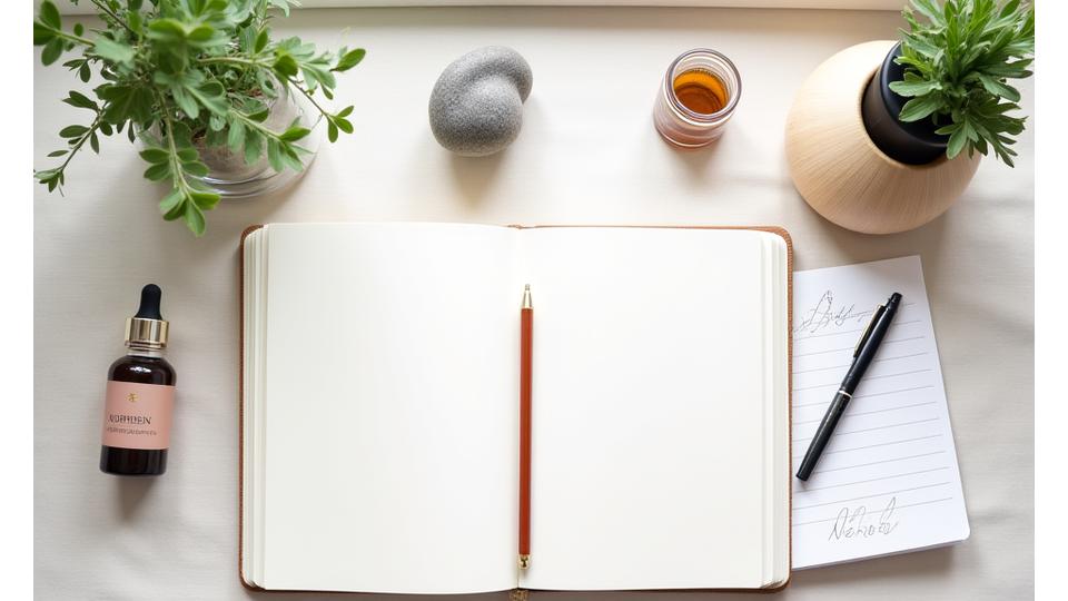 Overhead view of a desk with various wellness products like supplements and essential oils, alongside a notebook and pen, bathed in soft, natural light.