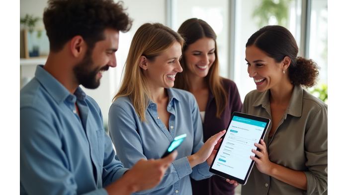 A diverse group of adults 35+ interacting with a digital wellness assessment on a tablet, smiling and engaged in a bright, modern setting.