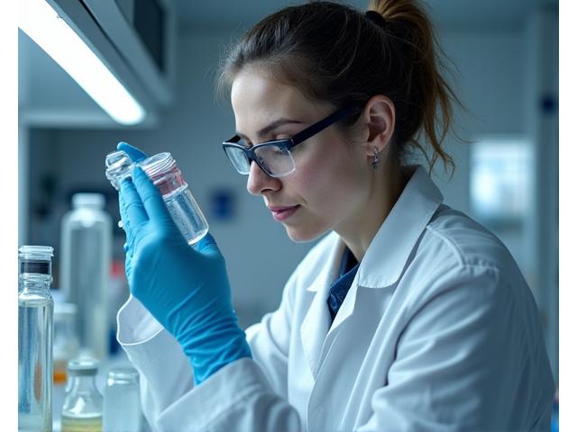 Scientist in a lab coat examining a sample under controlled lighting, with laboratory equipment in the background.
