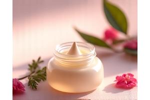 A small jar of organic anti-aging face cream, with a subtle glow.