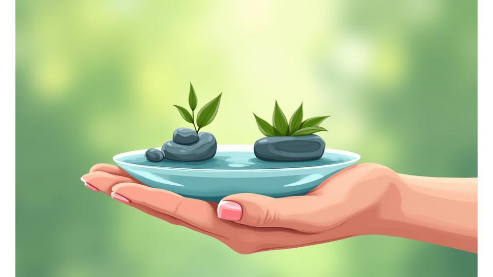 Illustrated hand holding a transparent balance scale with coins and leaves, symbolizing fair financial and wellness balance